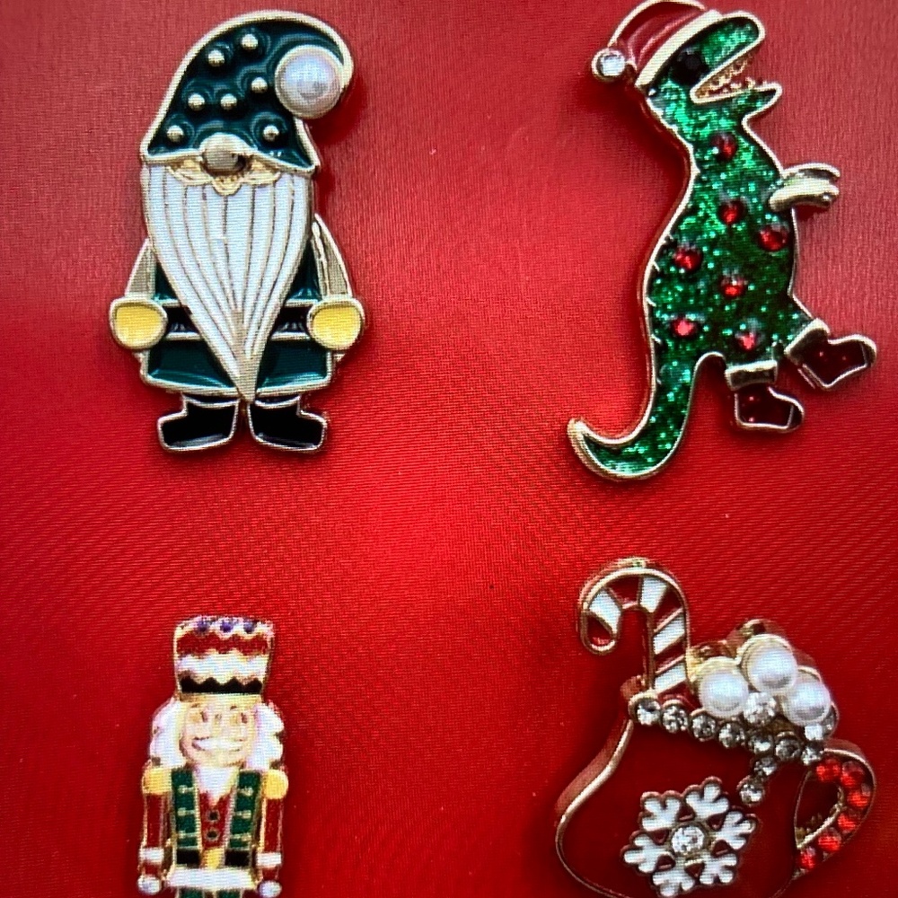 Four Christmas Pins Gnome, Dinosaur, Nutcracker & Candy Cane Stirrer in Cup